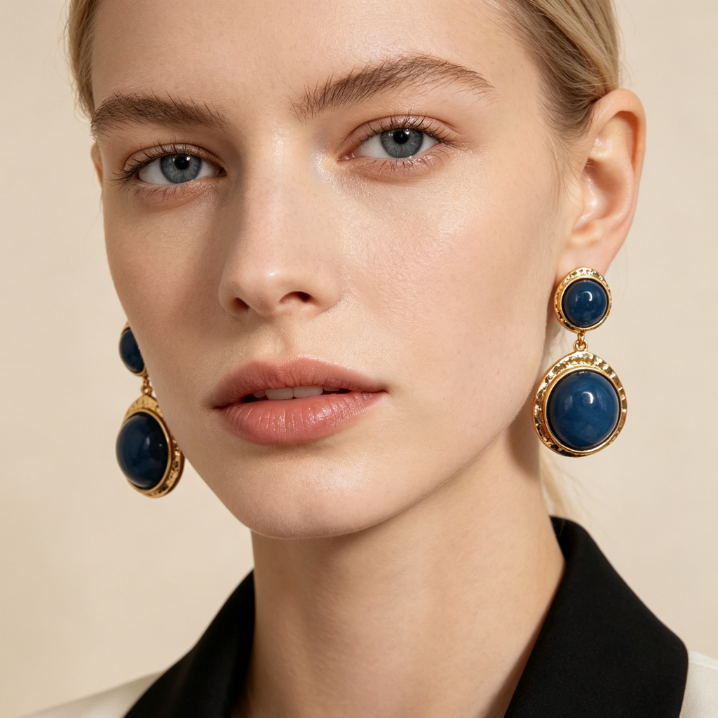 Pendientes colgantes de doble piedra redonda, metal dorado martillado, accesorios de joyería mayorista|JI JOYA