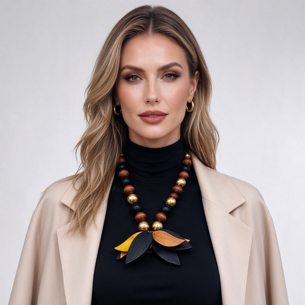 Collar Artesanal de Madera con Dijes de Hojas, Collar Statement Mayorista|JI JOYA