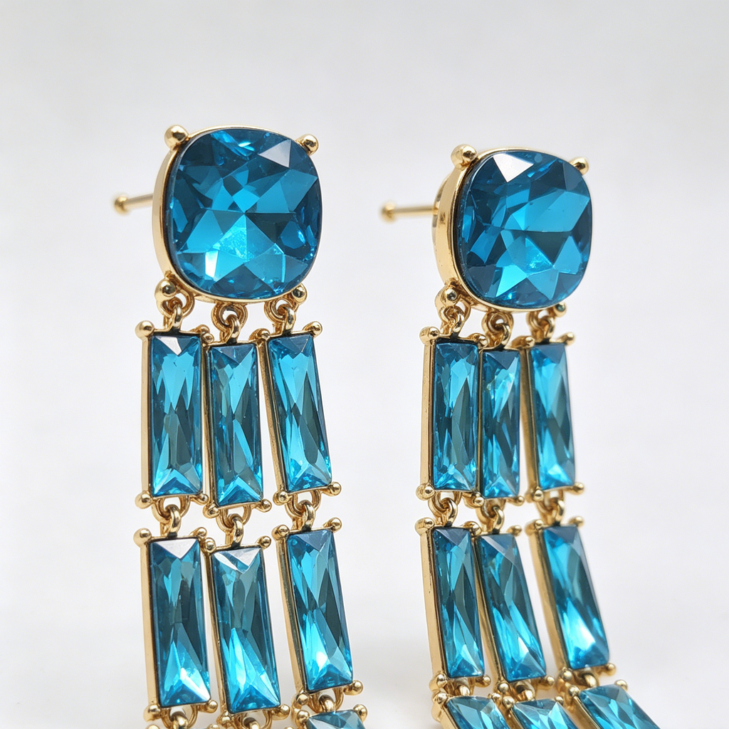 Pendientes Largos Borla Cristal Azul 2 Colores, Aretes Chapados en Oro al Por Mayor para Fiesta Noche Mujer|JI JOYA