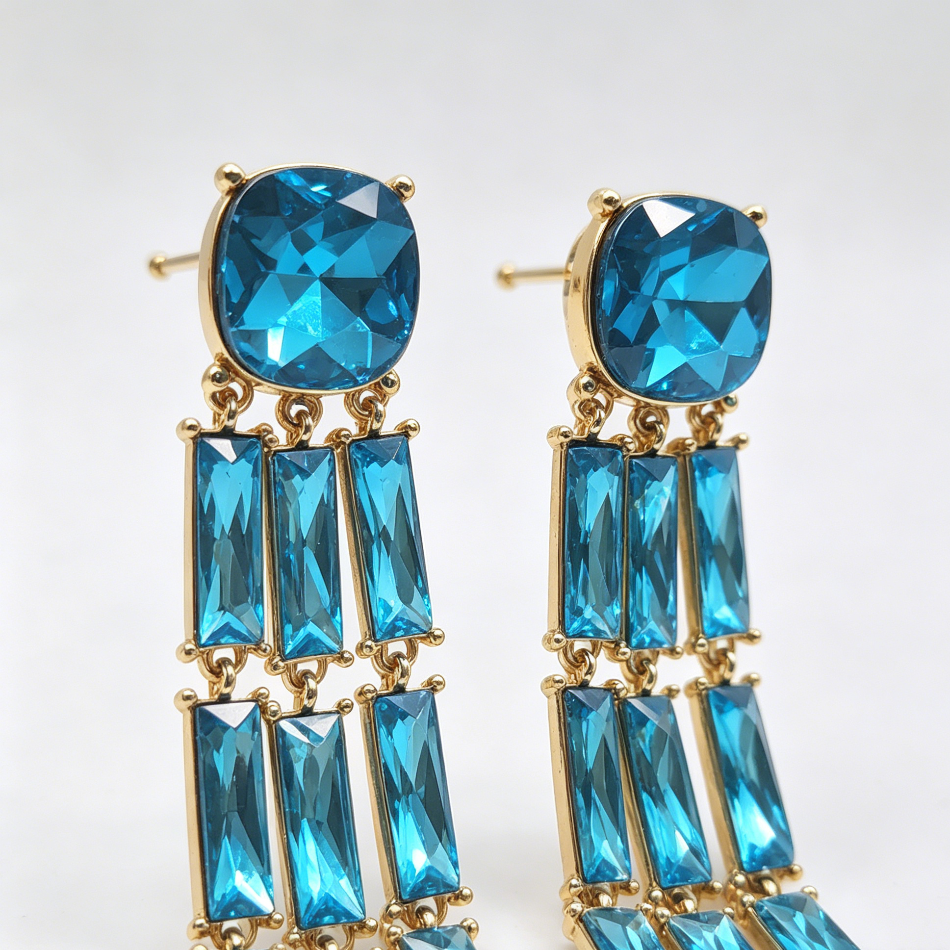 Pendientes Largos Borla Cristal Azul 2 Colores, Aretes Chapados en Oro al Por Mayor para Fiesta Noche Mujer|JI JOYA