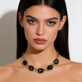 Conjunto de Joias em Opala Negra Banhado a Ouro | Brincos Pendentes, Colar e Pulseira