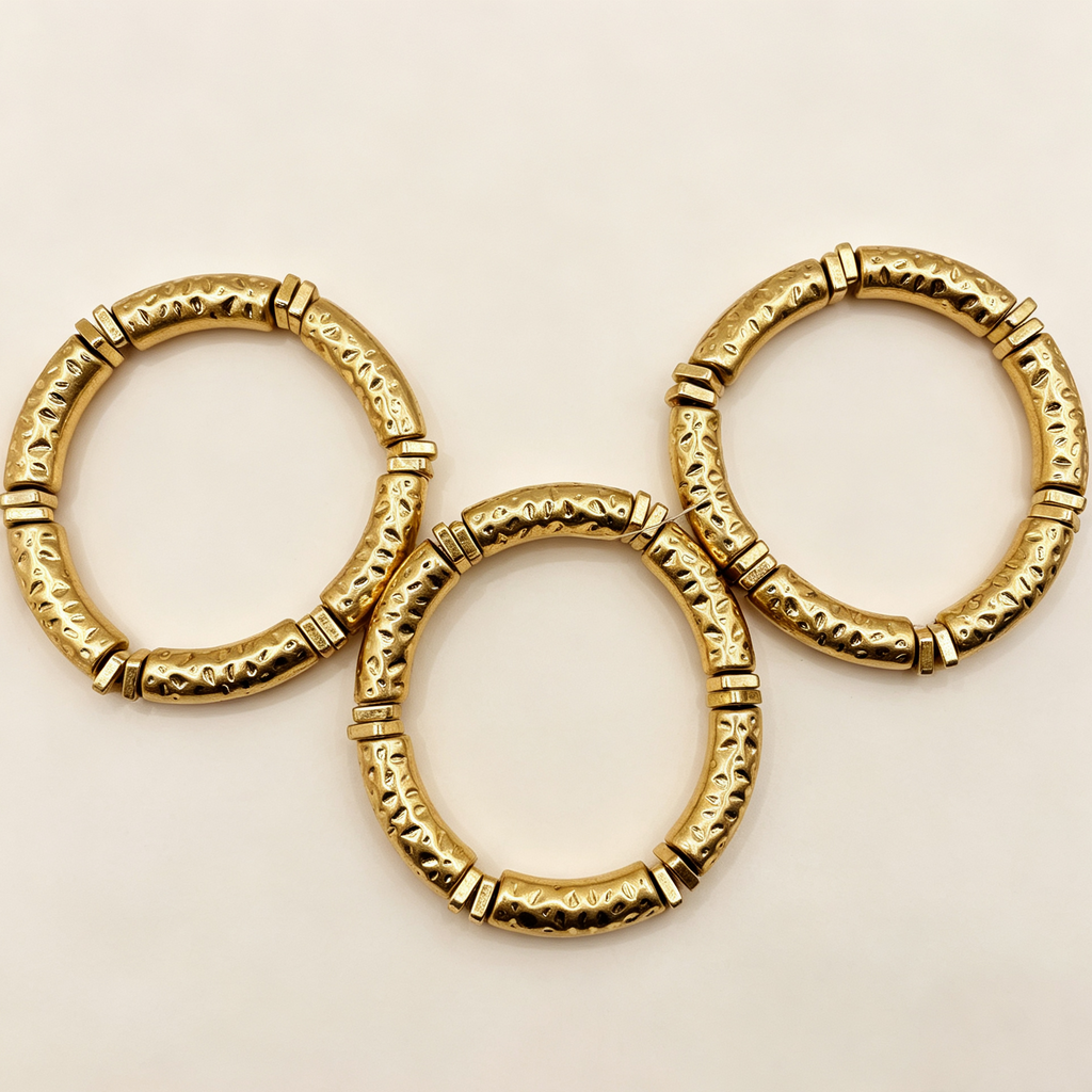Pulseras combinadas de textura martillada, juego de 3 unidades, accesorios de moda al por mayor|JI JOYA