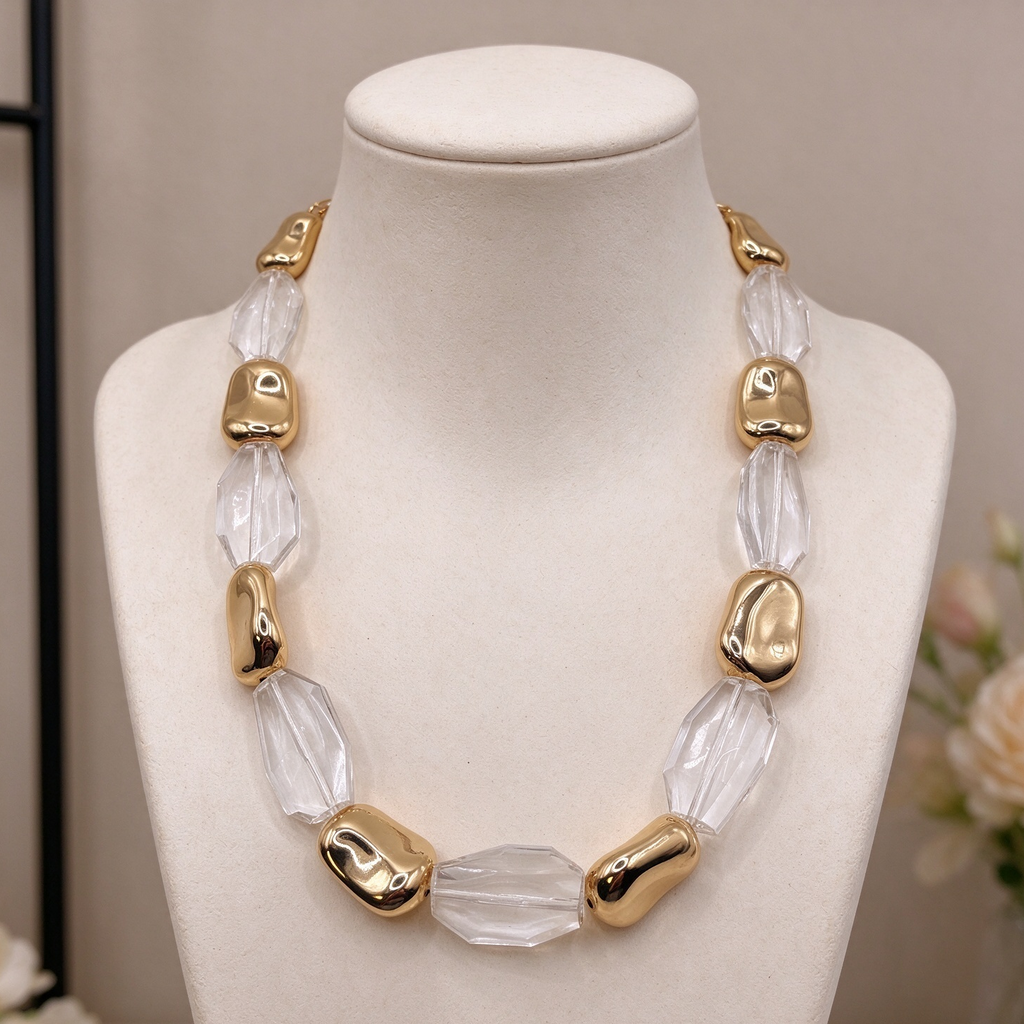 Collar Mayorista Perlas Irregulares Doradas y Cristal Transparente, Diseño Minimalista Chunky|JI JOYA