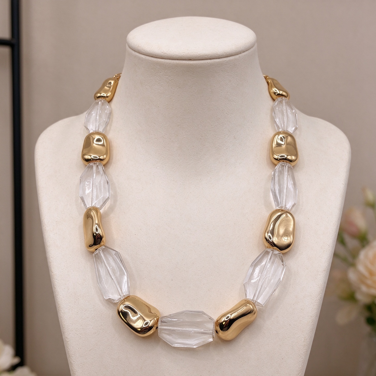 Collar Mayorista Perlas Irregulares Doradas y Cristal Transparente, Diseño Minimalista Chunky|JI JOYA