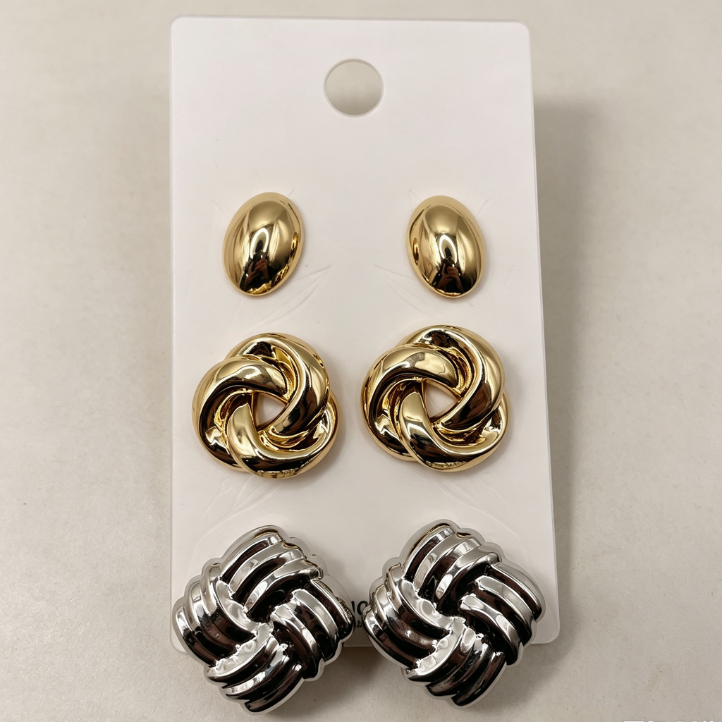 Juego de 3 pares de pendientes metálicos de lujo, aretes combinados de textura dorada y plateada para mayorista|JI JOYA