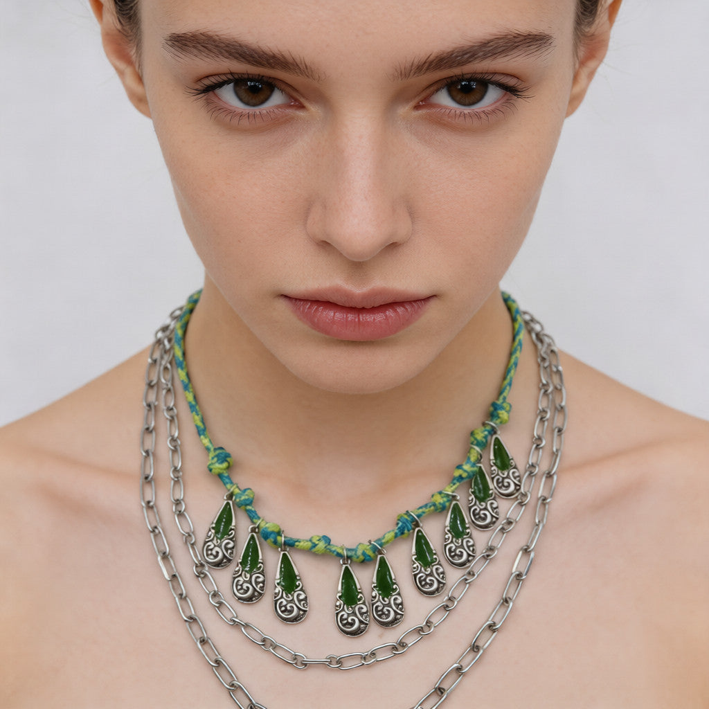 Collar de Declaración con Dijes de Piedra Roja/verde y Capas de Cadena Dorada | Boho Chic