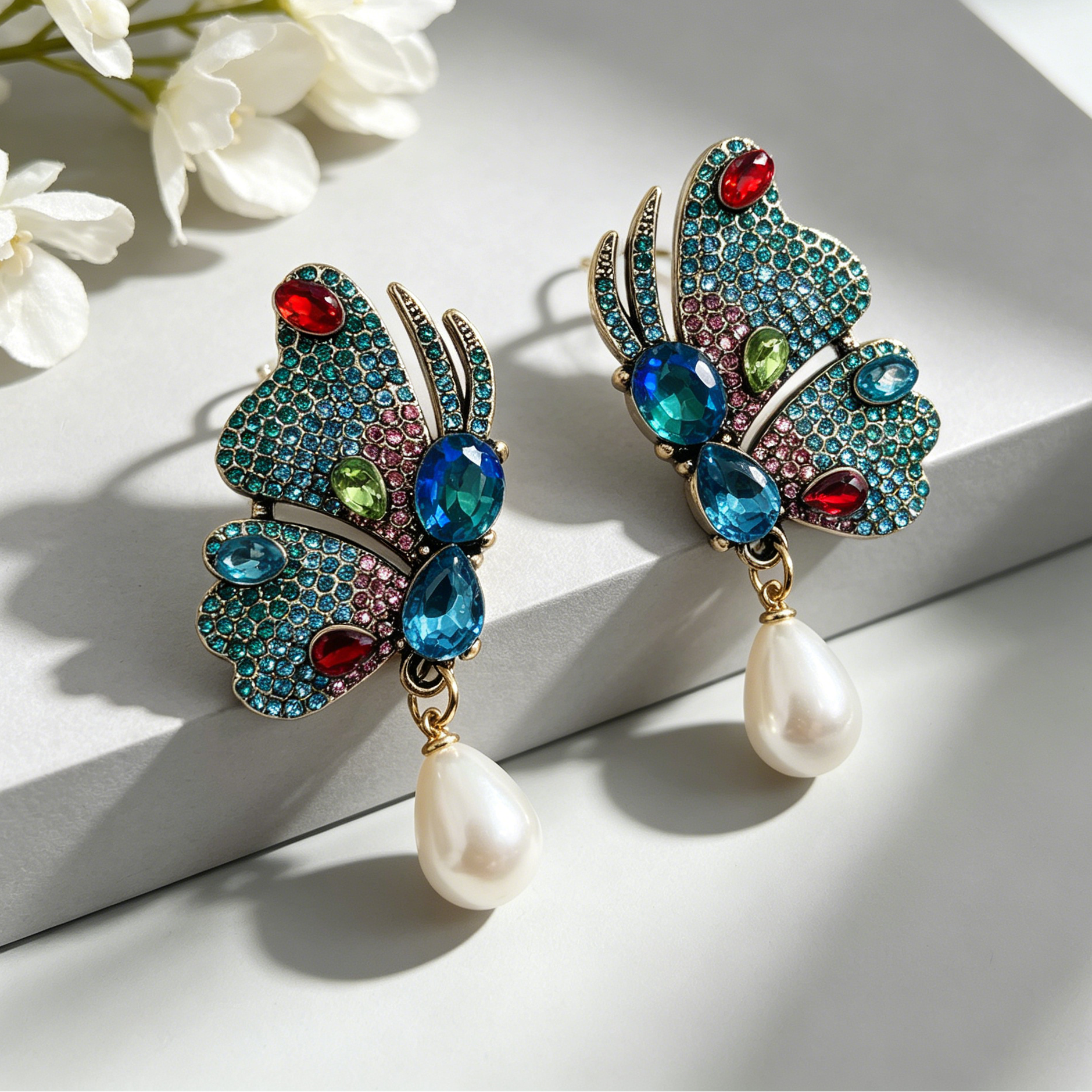 Pendientes Mariposa Vintage con Cristales Multicolor y Perla de Gota | Joyería al Por Mayor para Mujer|JI JOYA