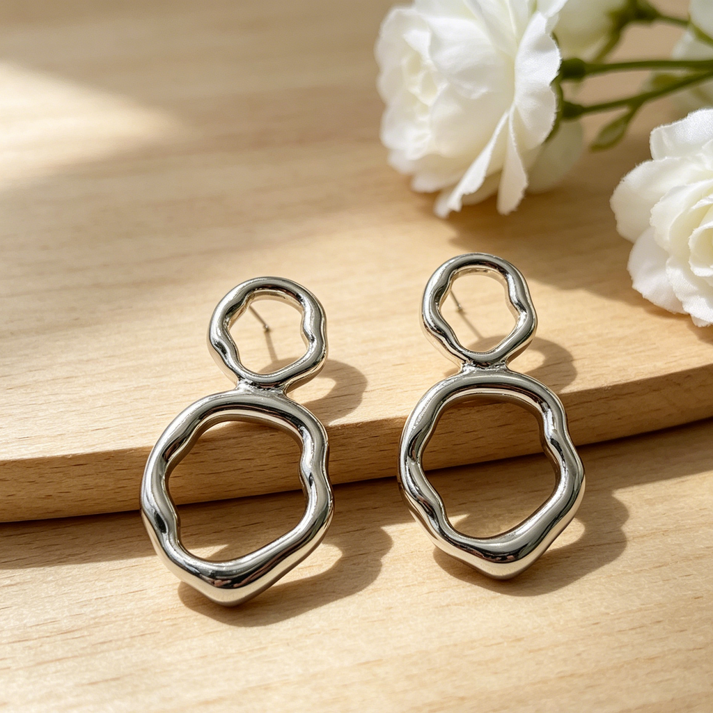 Pendientes Doble Anillo Irregular Plata y Dorado | Joyería Mayorista Diseño Minimalista Moda Mujer|JI JOYA
