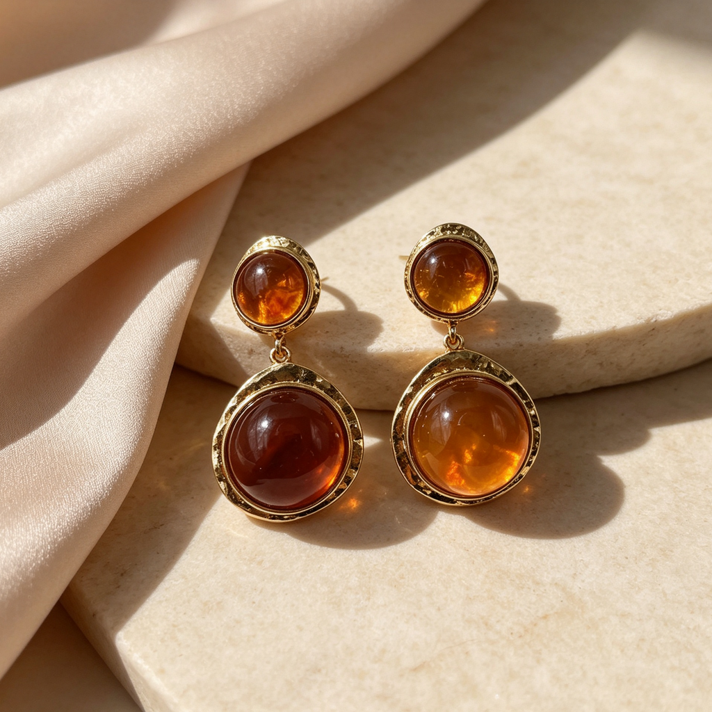 Pendientes colgantes de doble piedra redonda, metal dorado martillado, accesorios de joyería mayorista|JI JOYA