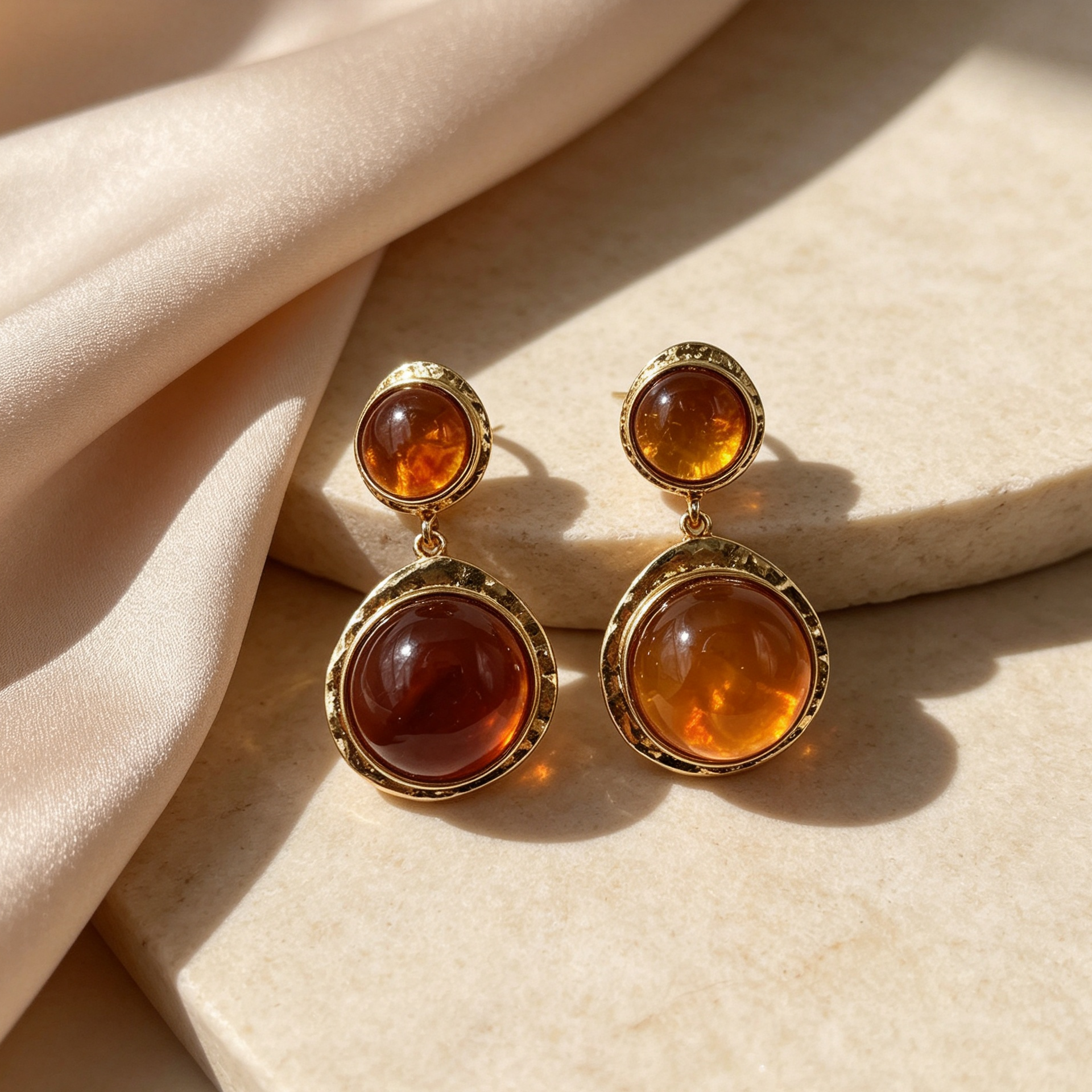 Pendientes colgantes de doble piedra redonda, metal dorado martillado, accesorios de joyería mayorista|JI JOYA