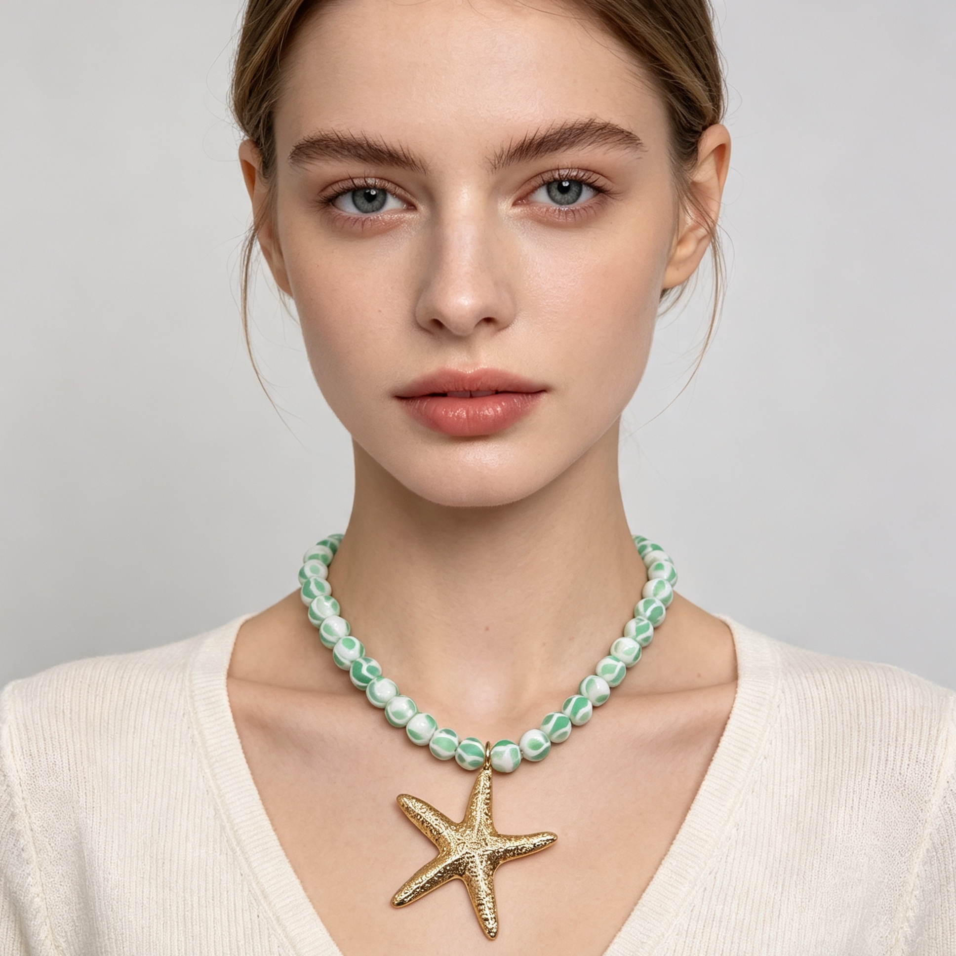 Collar de cuentas rayadas blanco-verde/azul/naranja con colgante de estrella de mar dorada, joyería de playa al por mayor para mujer|JI JOYA