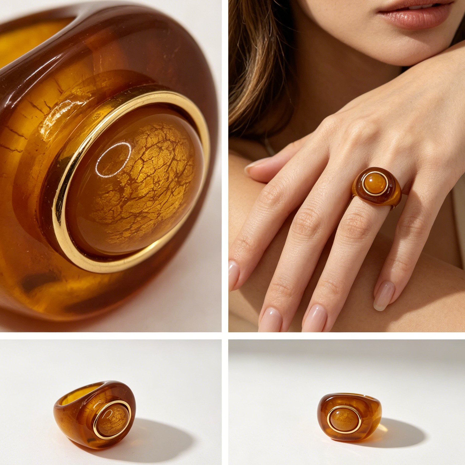 Anillo Resina Color Ámbar con Piedra Redonda Dorada, Joyería de Moda Vintage al Por Mayor para Mujer|JI JOYA