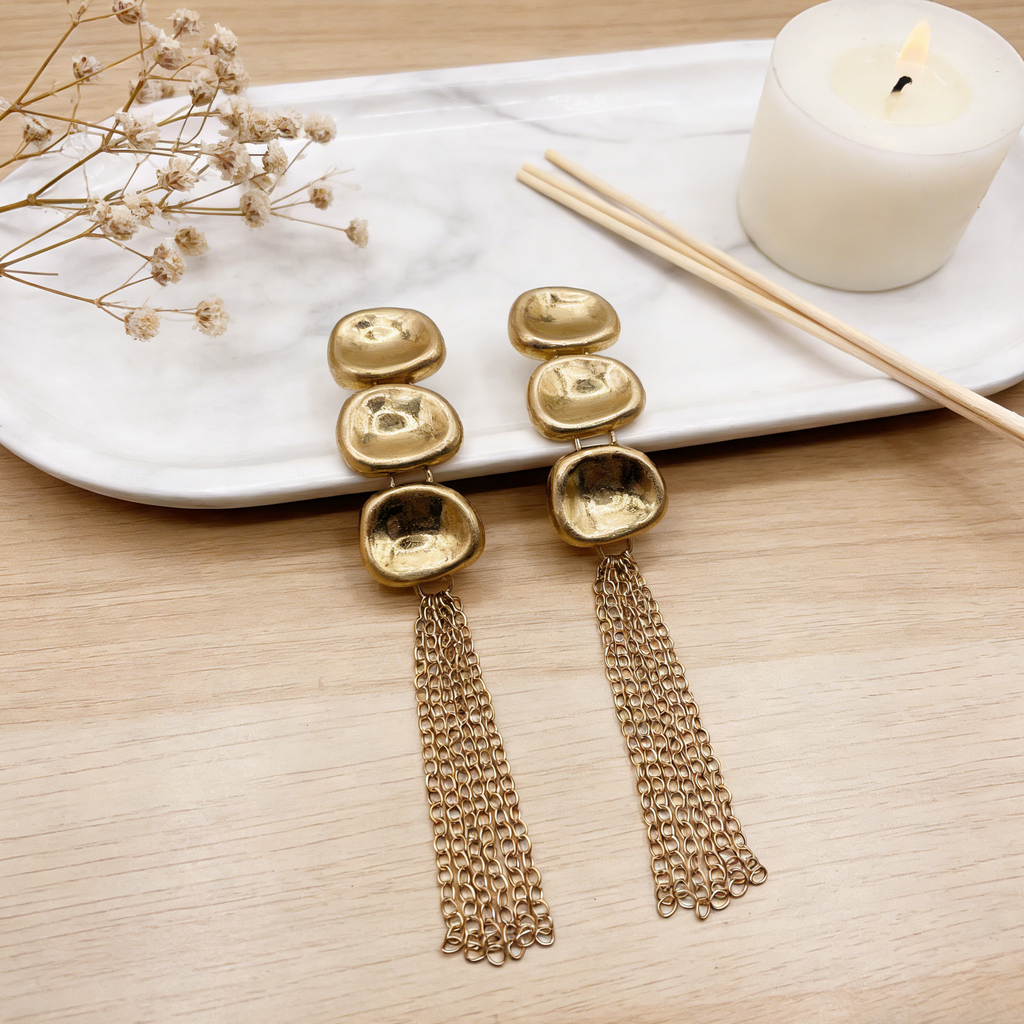 Conjunto de joyas con borlas de plata/dorado | Collar, pendientes y pulsera con disco grueso