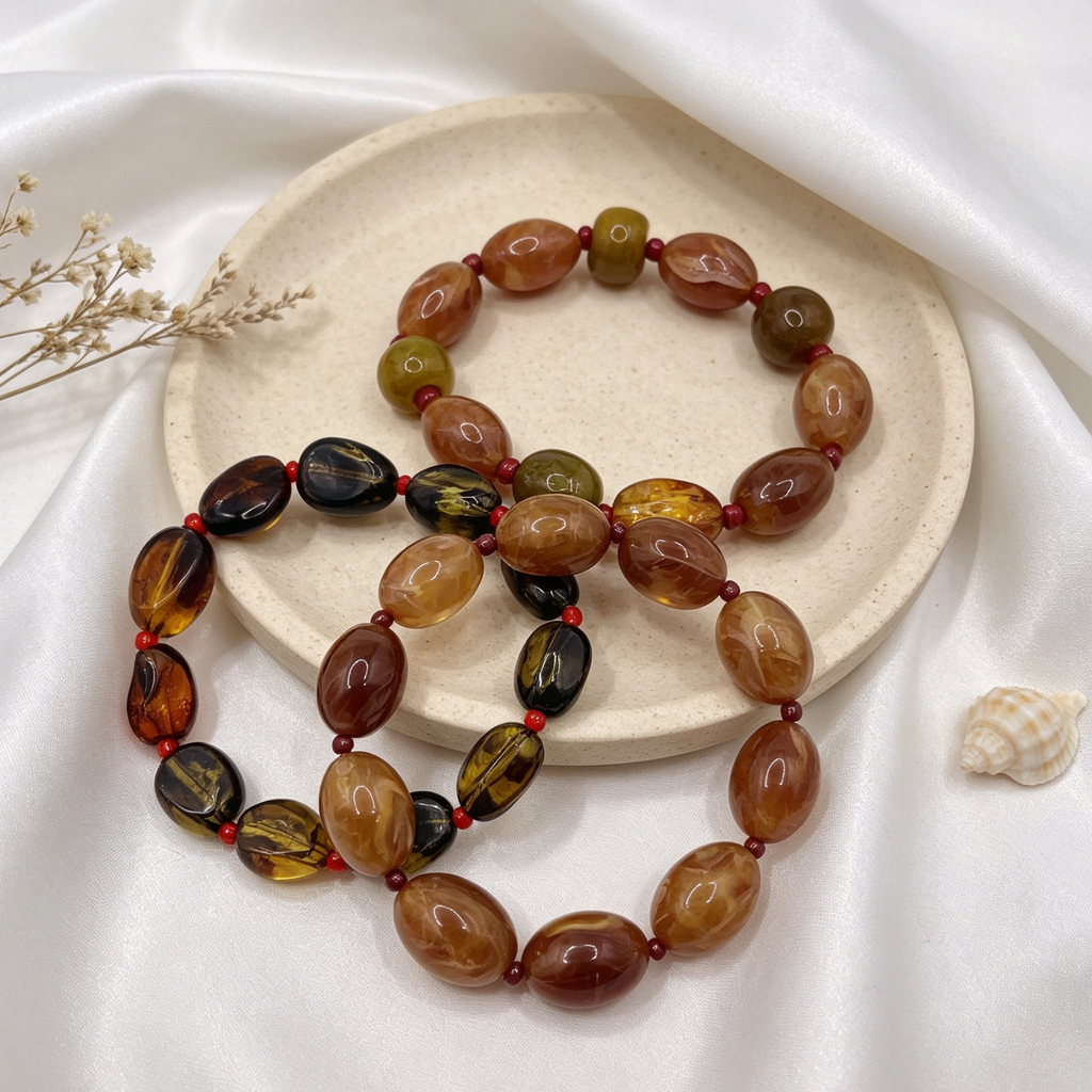 Set de Collar de 3 Hilos y Pulsera de Resina Estilo Ámbar, Joyería Vintage al Por Mayor|JI JOYA