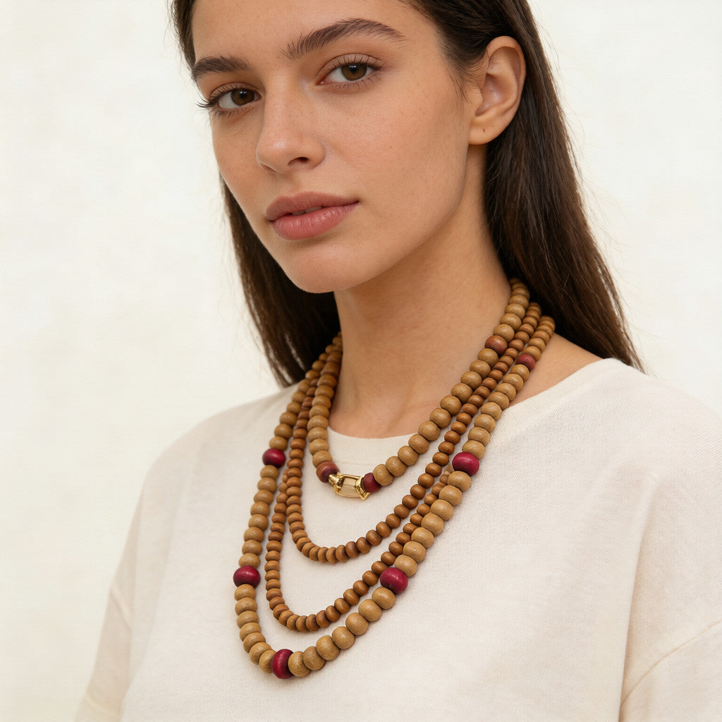 Collar bohemio de cuentas de madera multicapa con cuentas decorativas