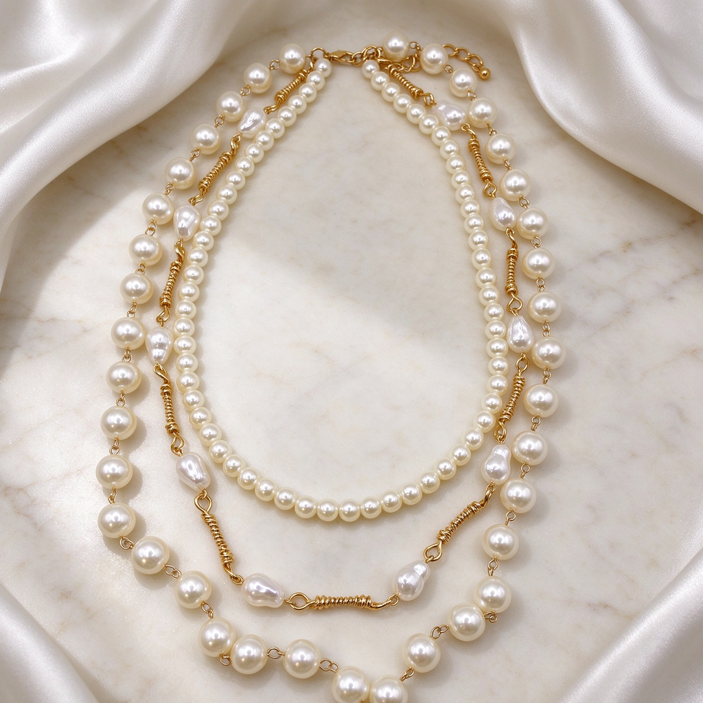 Collar Elegante de Perlas Triple Capa, Cadena Ajustable, Joyería de Moda al Por Mayor|JI JOYA