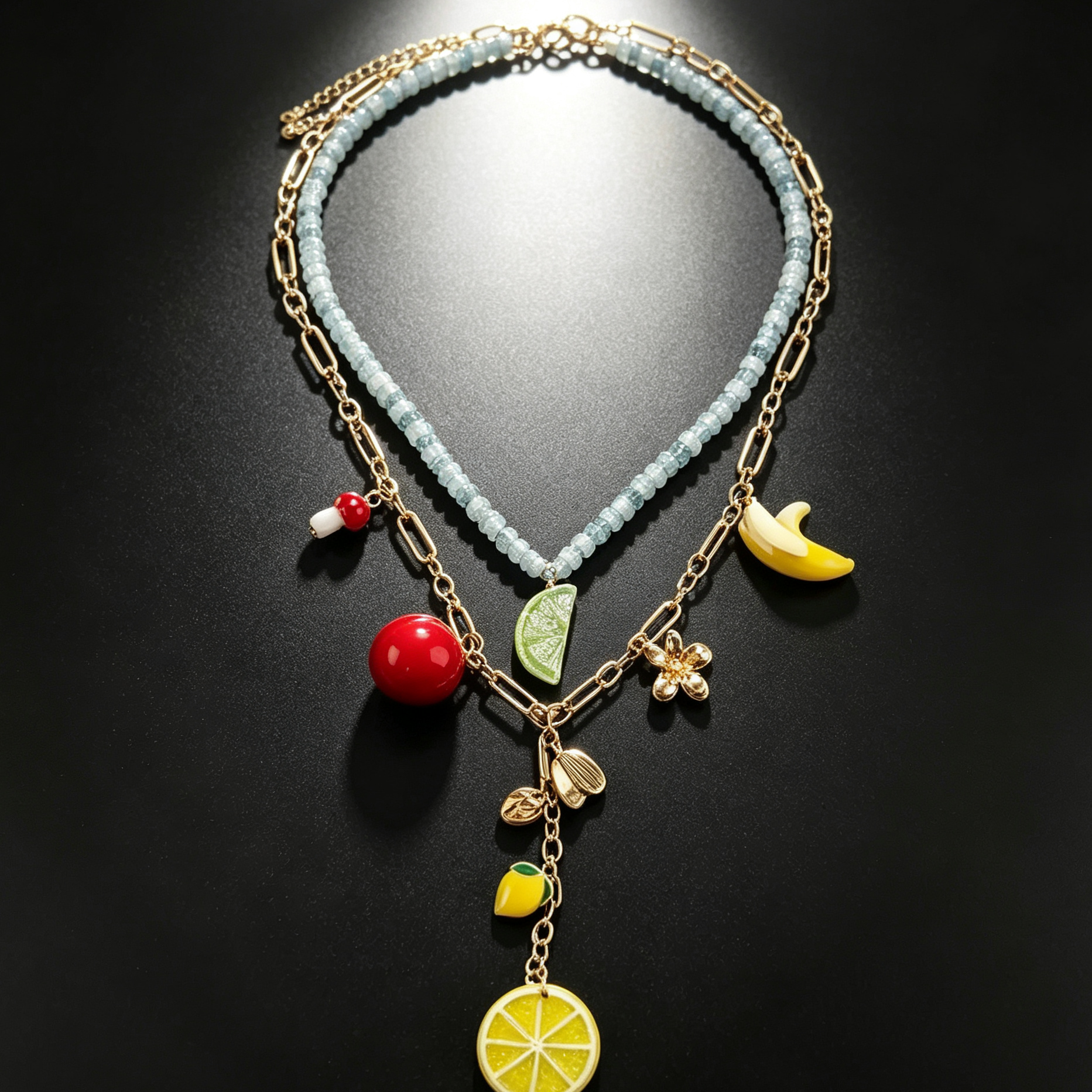 Collar doble capa con dijes de frutas, limón, cereza y plátano, joyería de moda mayorista|JI JOYA