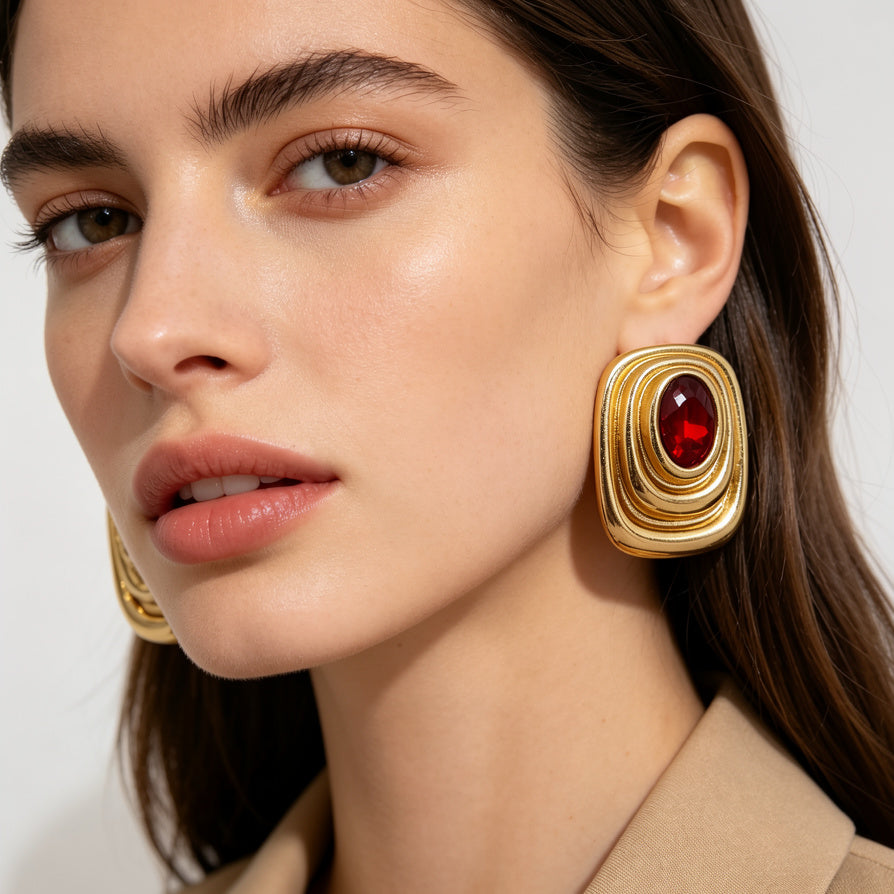 Pendientes Geométricos Vintage con Piedra Ovalada - Dorado/Plateado, Bisutería de Moda al Por Mayor para Mujeres|JI JOYA
