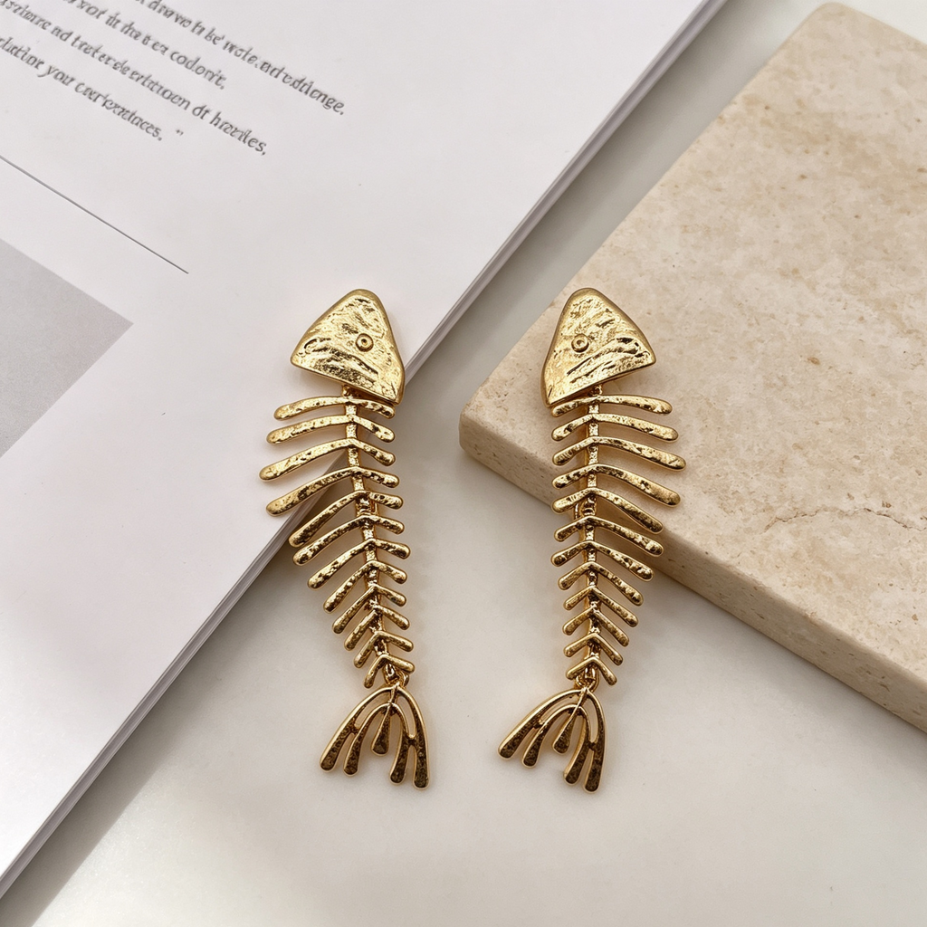 Pendientes Esqueleto de Pez Dorados | Joyería al por mayor JI JOYA