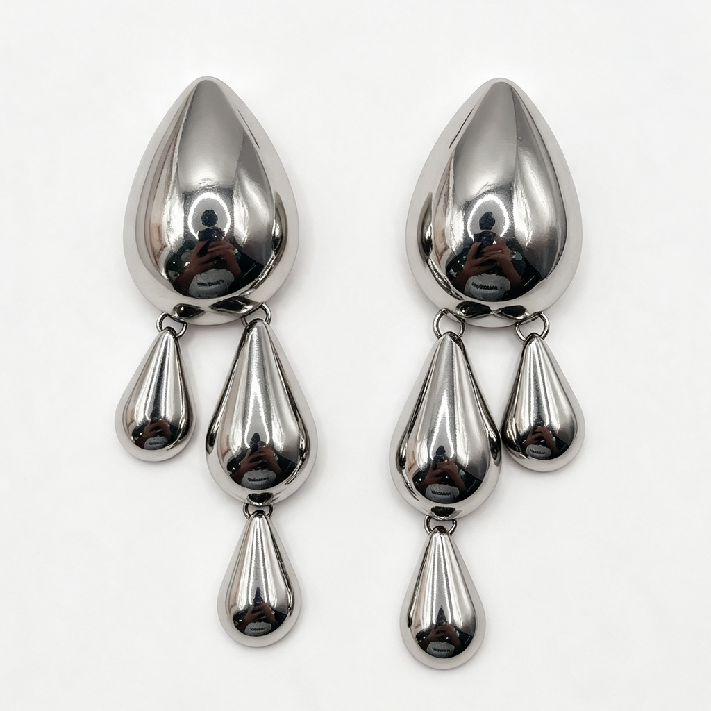 Pendientes gotas colgantes metal plata acero inoxidable | Mayorista JI JOYA