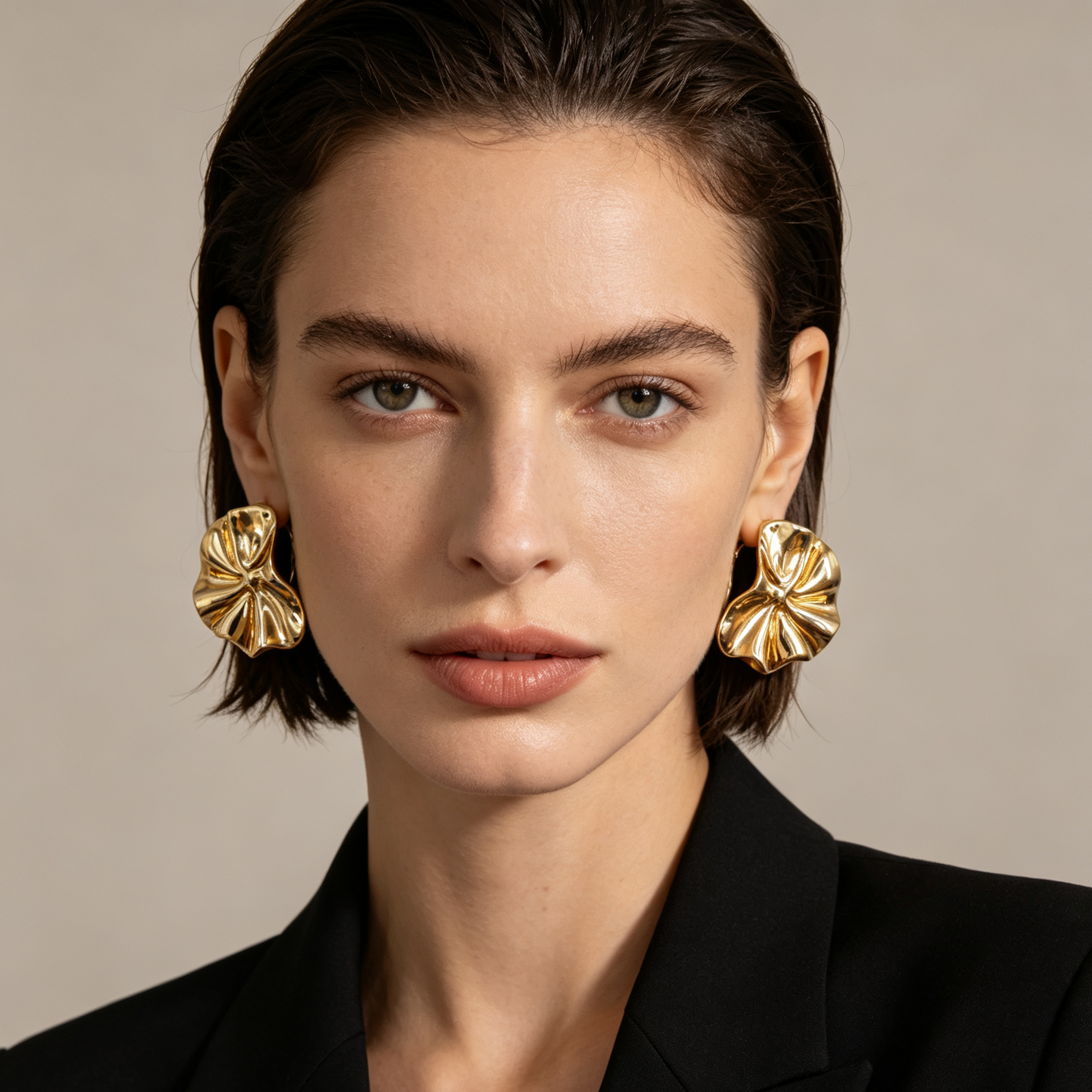 Pendientes en forma de pétalo dorado texturizado, accesorios de moda al por mayor|JI JOYA