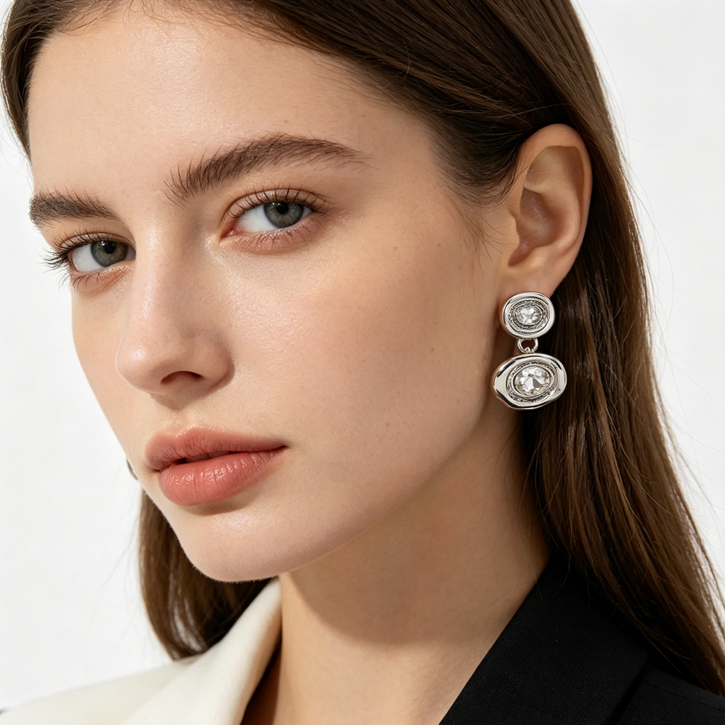 Pendientes Doble Óvalo con Piedra de Cristal | 3 Colores Disponibles | Mayorista B2B | Aguja S925 Hipoalergénica|JI JOYA