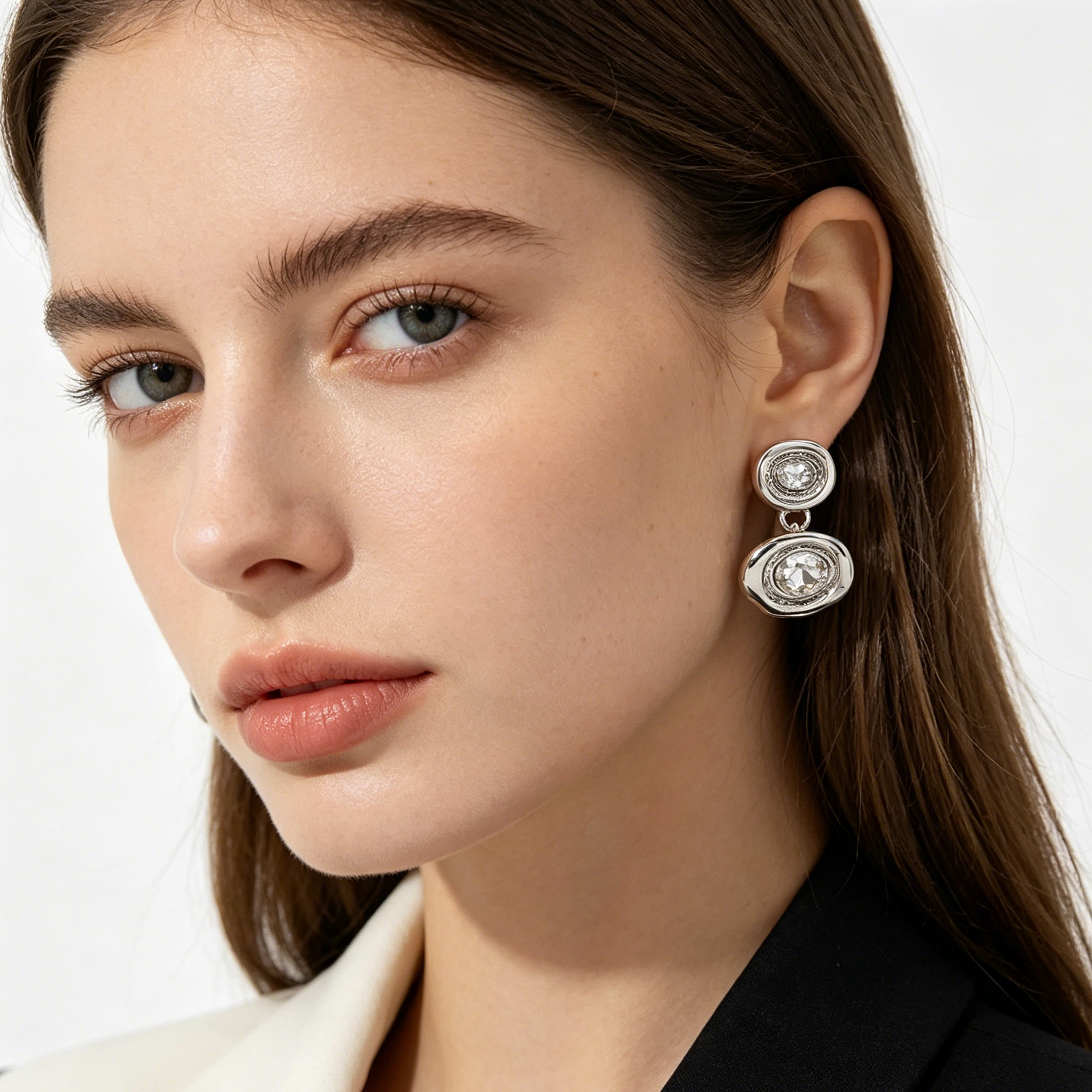 Pendientes Doble Óvalo con Piedra de Cristal | 3 Colores Disponibles | Mayorista B2B | Aguja S925 Hipoalergénica|JI JOYA