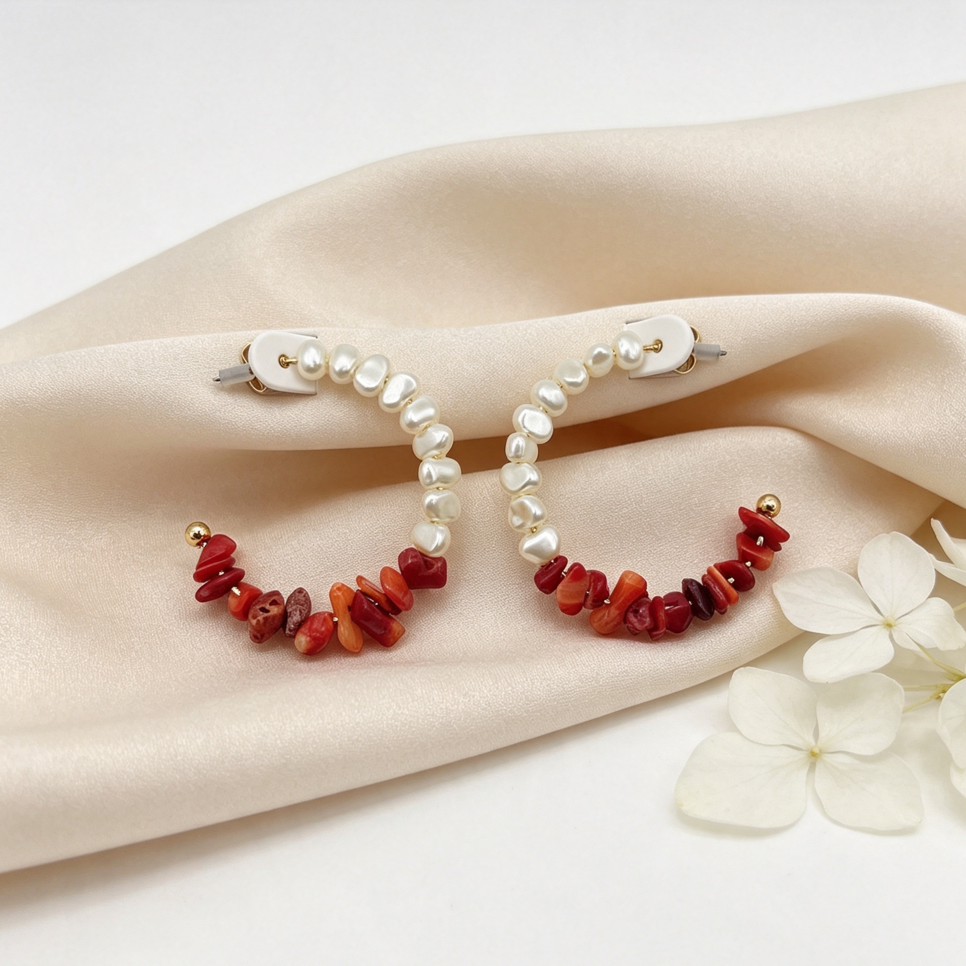 Pendientes Aro C Perla Barroca y Piedras Rojas, Joyería al por mayor, Moda Verano|JI JOYA