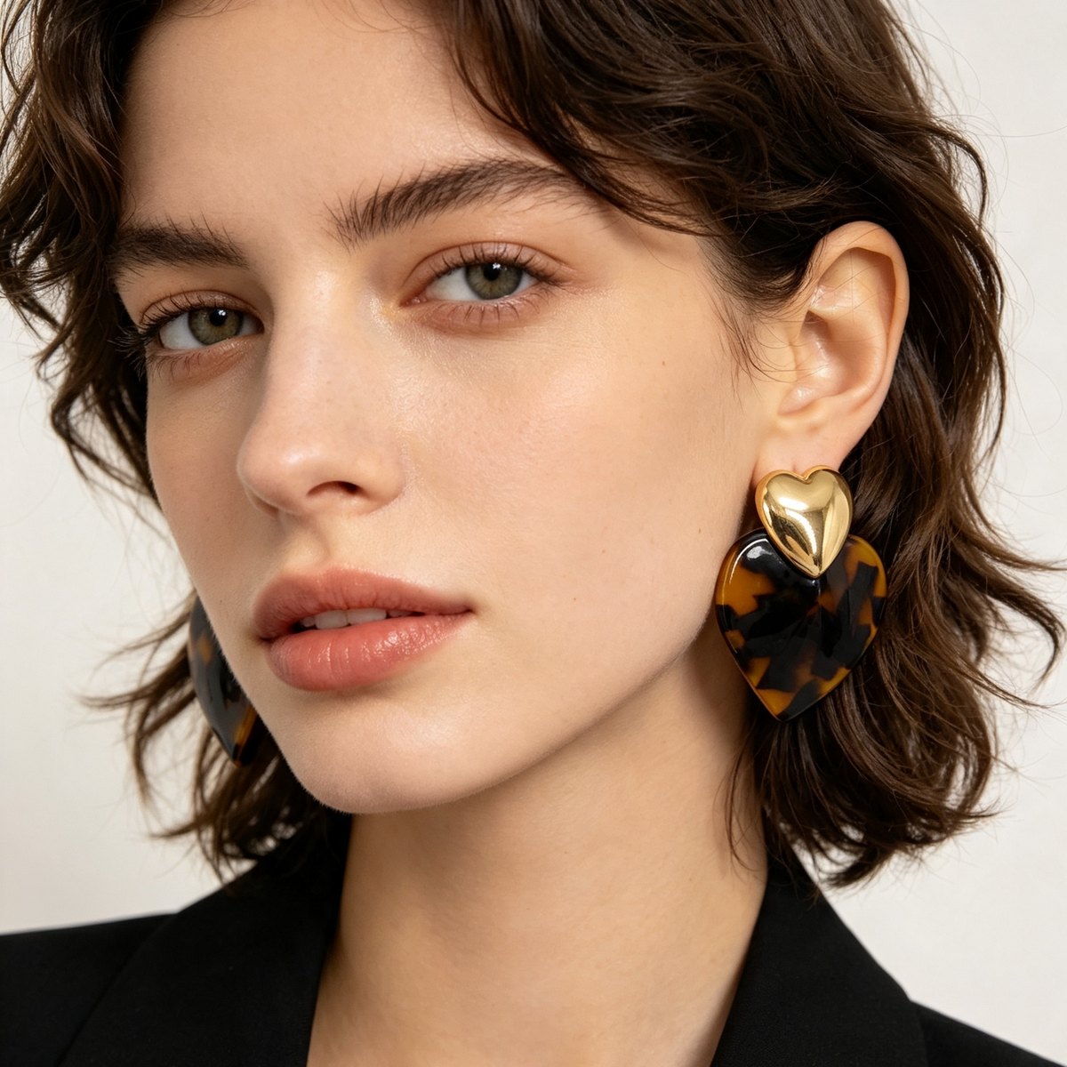 Aretes Doble Corazón Efecto Carey Oro | Pendientes Vintage Mayorista|JI JOYA