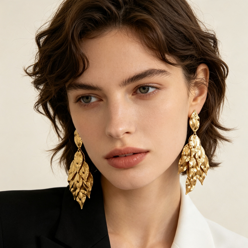 Pendientes Largos Hojas Metálicas Doradas, Pendientes Statement Mayorista|JI JOYA