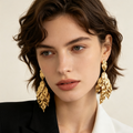 Pendientes Largos Hojas Metálicas Doradas, Pendientes Statement Mayorista|JI JOYA