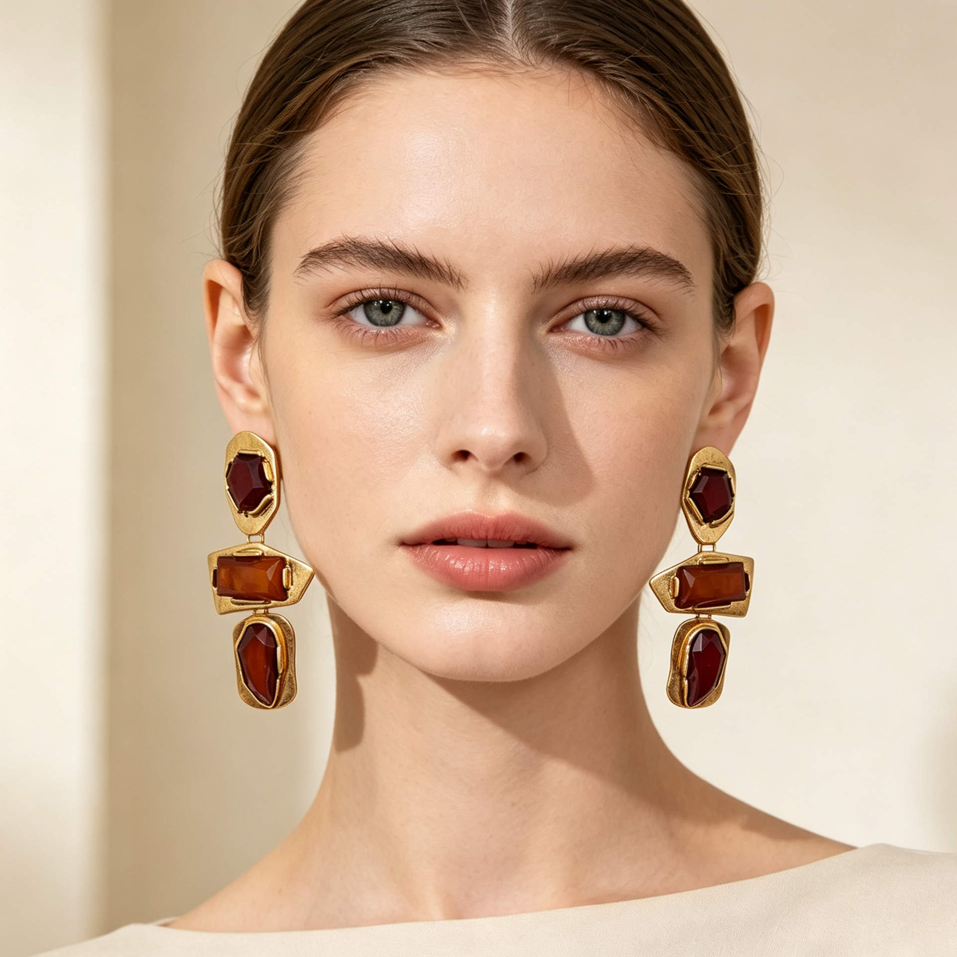 Pendientes geométricos de piedras tonos borgoña dorado vintage | Mayorista JI JOYA
