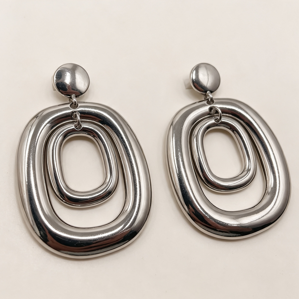 Pendientes geométricos dobles de aro oval, acabado dorado y plateado, joyería al por mayor|JI JOYA