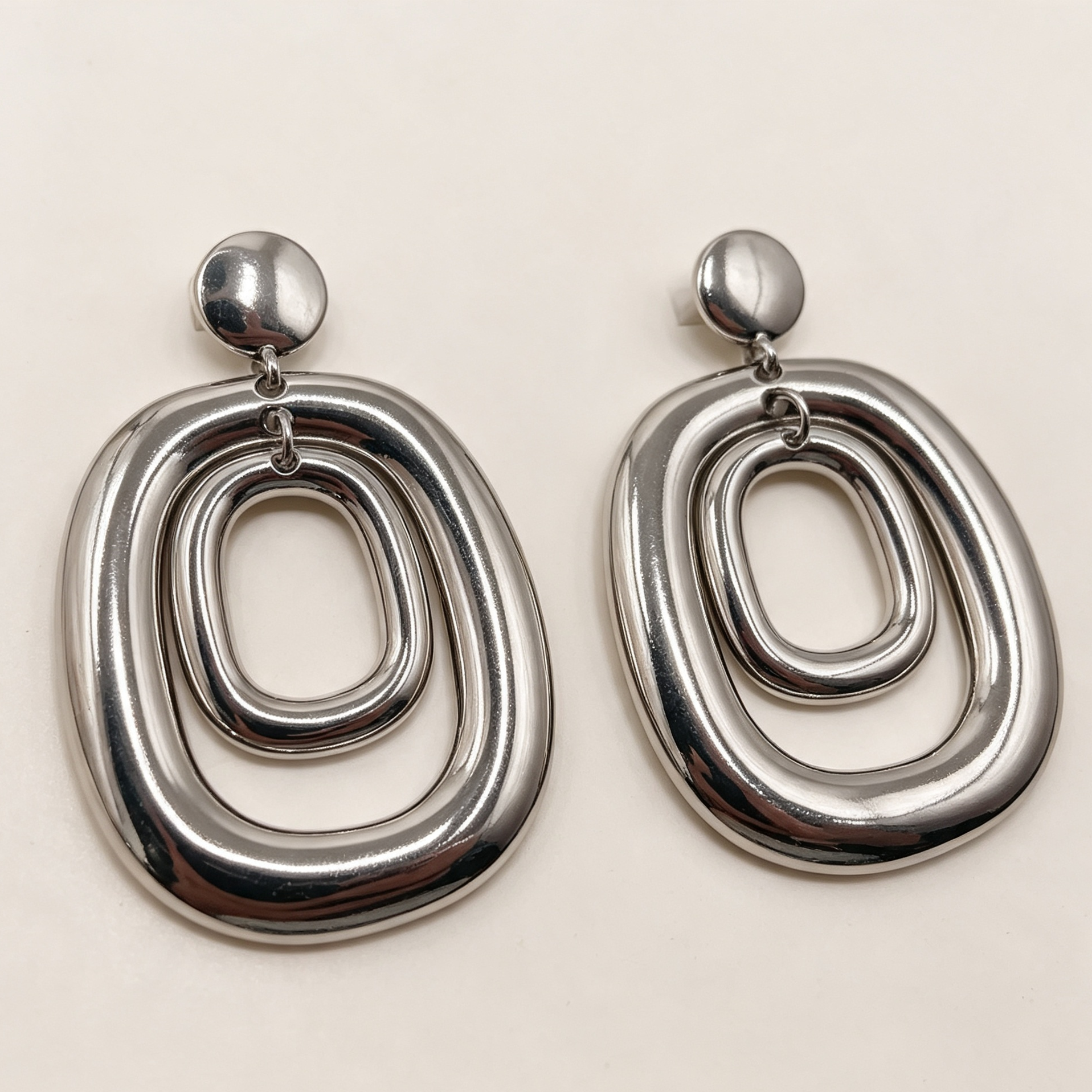 Pendientes geométricos dobles de aro oval, acabado dorado y plateado, joyería al por mayor|JI JOYA