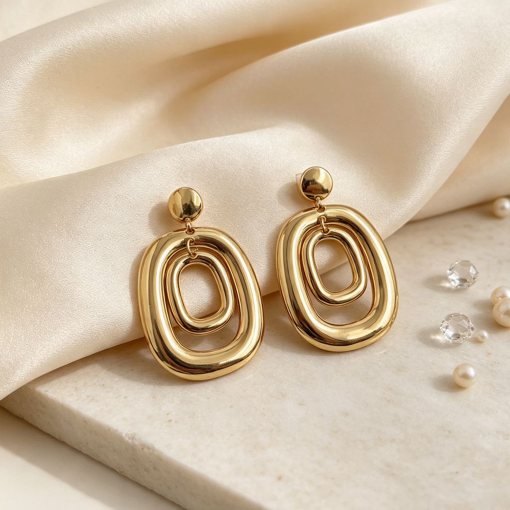 Pendientes geométricos dobles de aro oval, acabado dorado y plateado, joyería al por mayor|JI JOYA