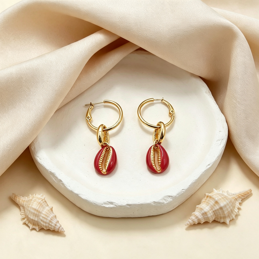 Pendientes Aro Con Colgante Concha Roja Dorada | Joyería de Moda Verano Mayorista|JI JOYA