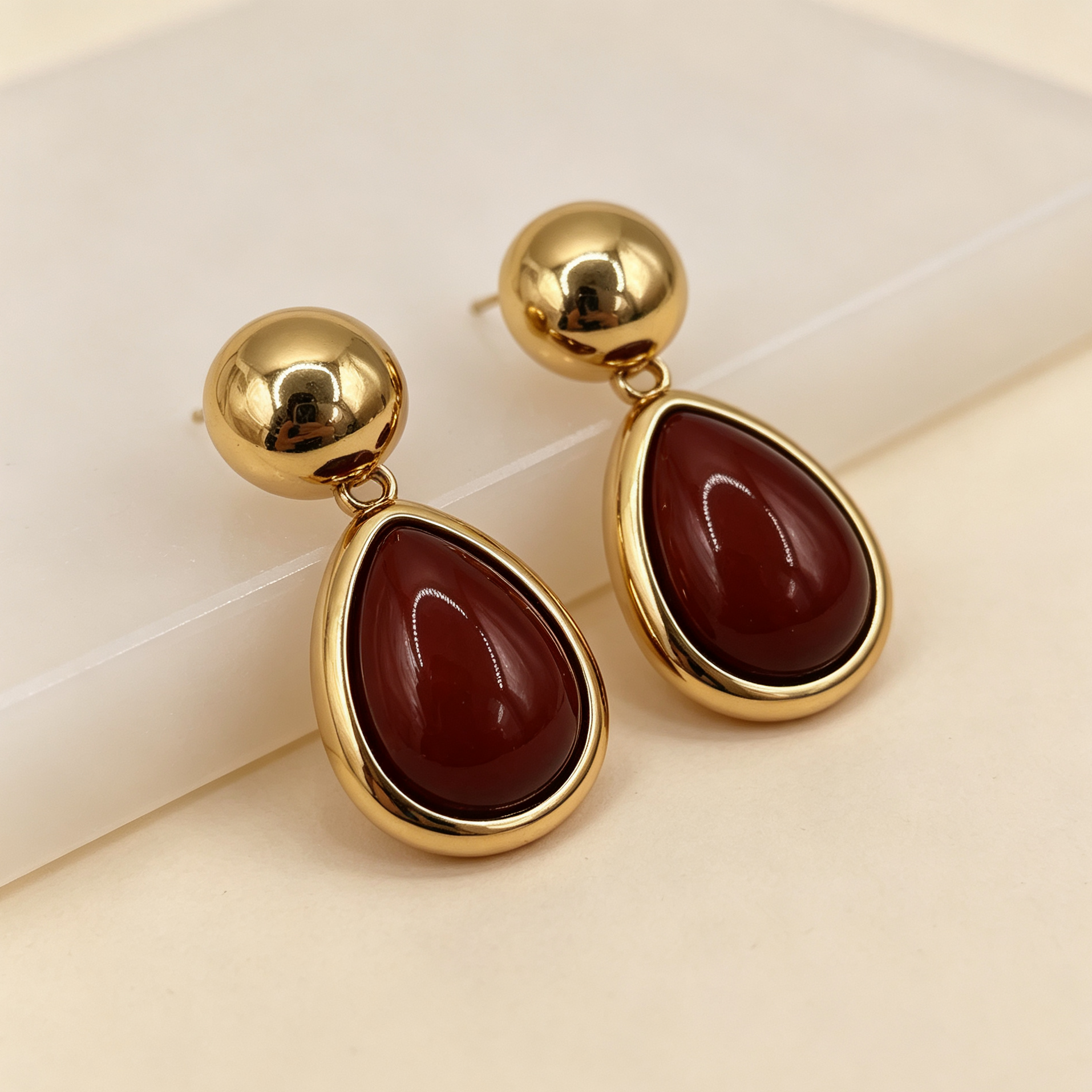 Pendientes gota color caramelo y burdeos, metal dorado elegante, joyería al por mayor para mujer|JI JOYA
