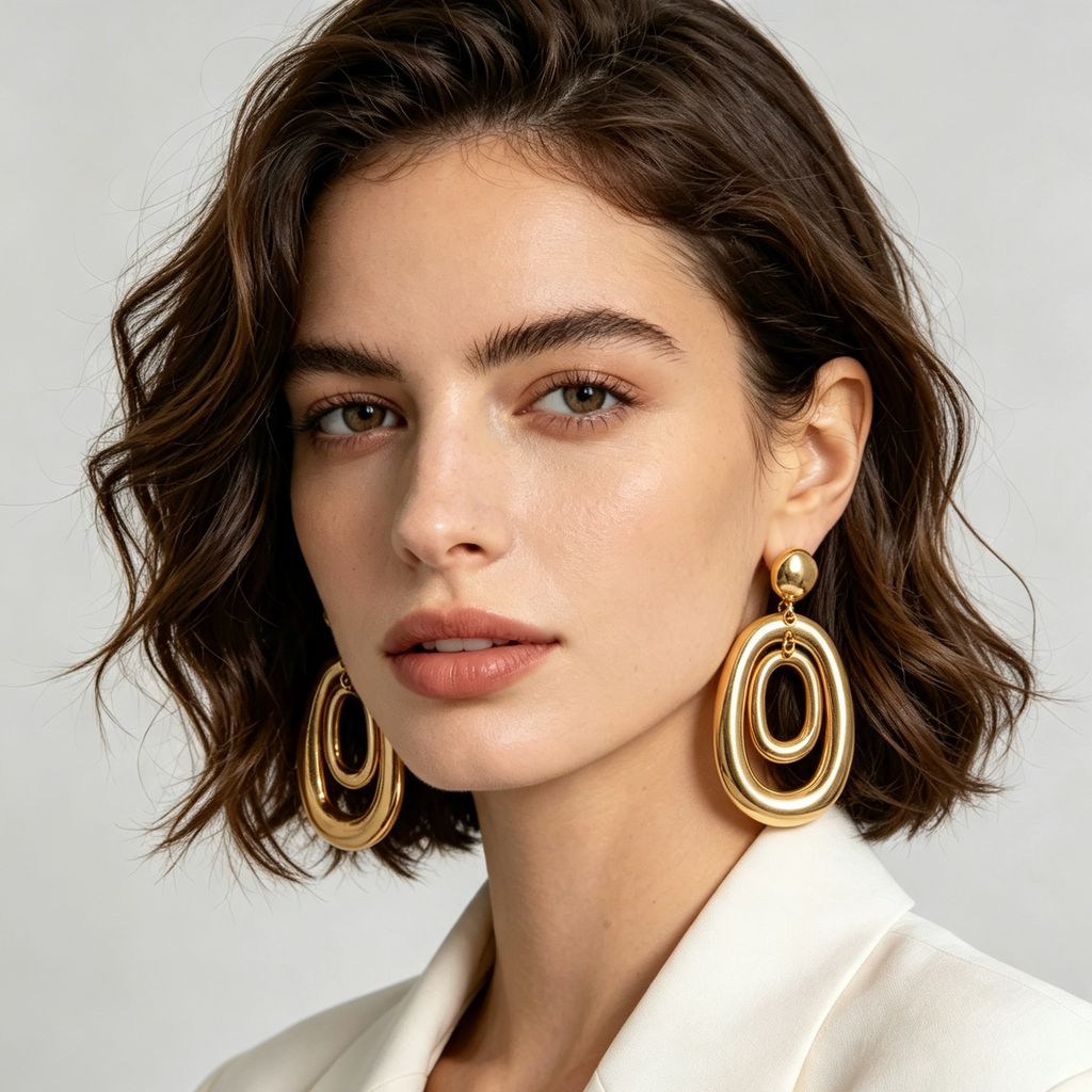 Pendientes geométricos dobles de aro oval, acabado dorado y plateado, joyería al por mayor|JI JOYA