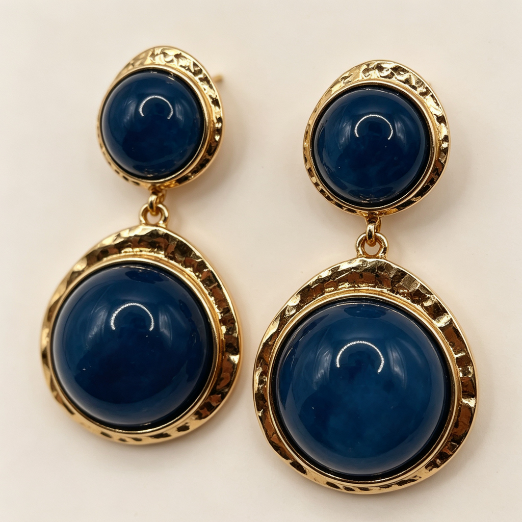 Pendientes colgantes de doble piedra redonda, metal dorado martillado, accesorios de joyería mayorista|JI JOYA