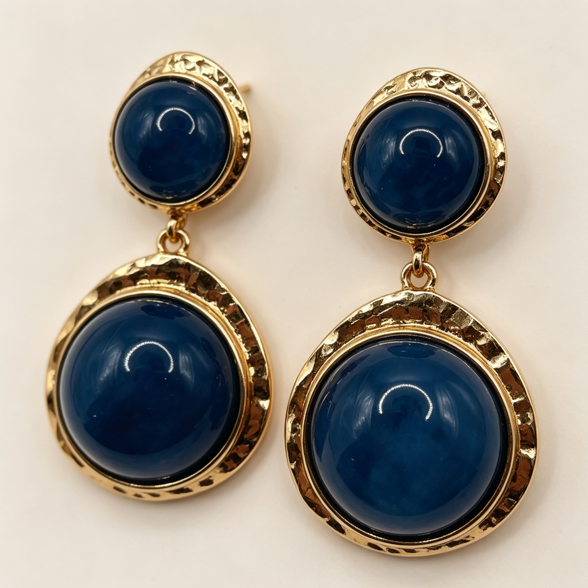Pendientes colgantes de doble piedra redonda, metal dorado martillado, accesorios de joyería mayorista|JI JOYA