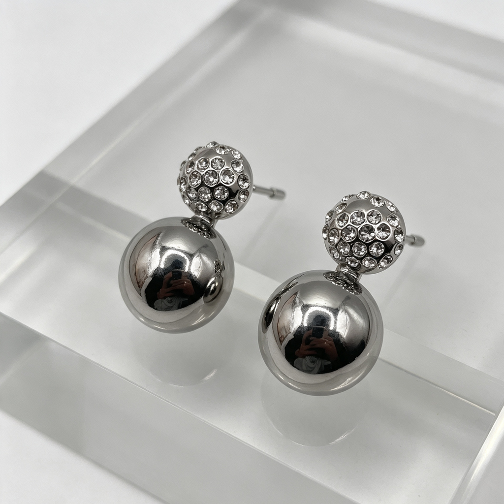 Pendientes Bola Doble con Cristales, Oro y Plata, Mayorista Joyería Moda|JI JOYA