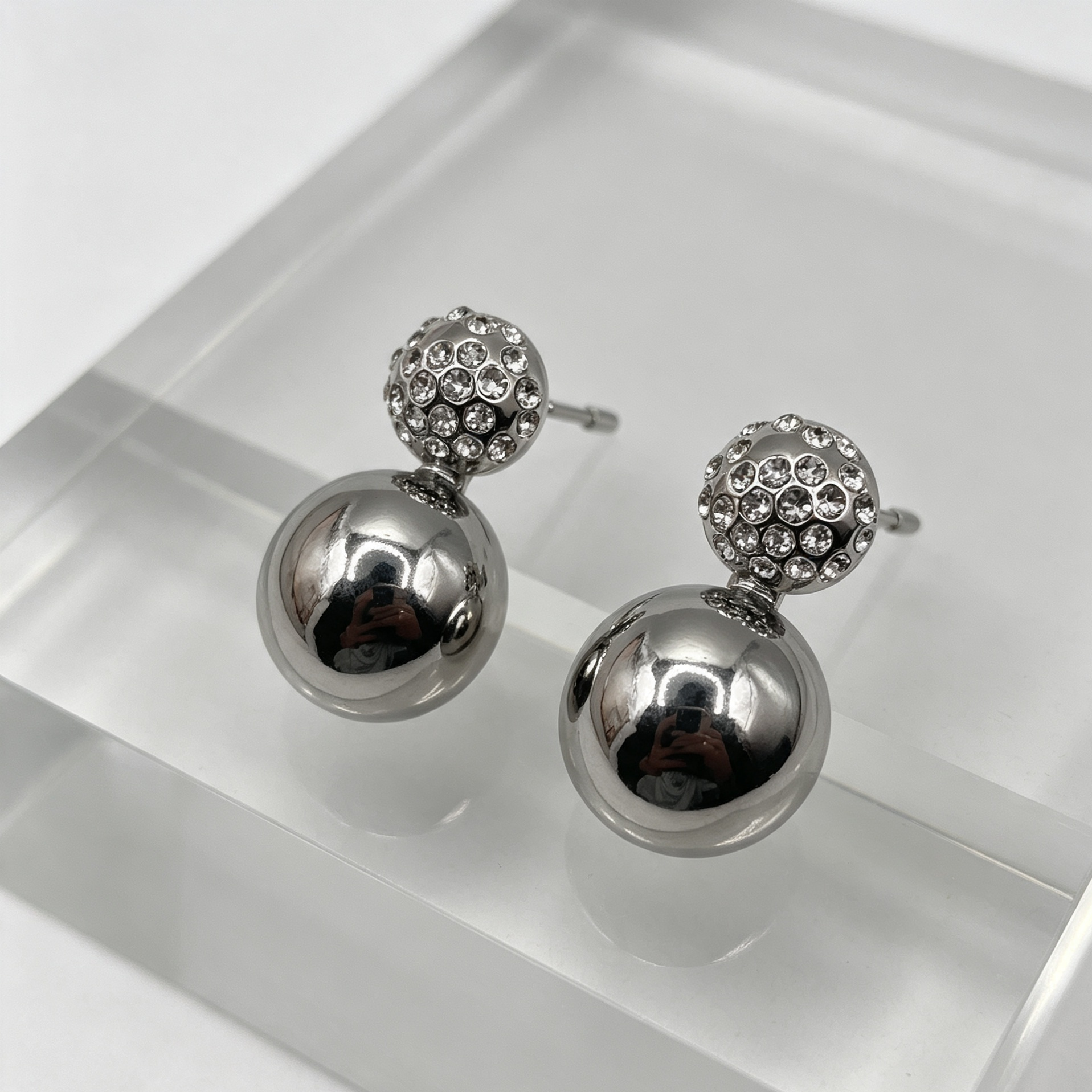 Pendientes Bola Doble con Cristales, Oro y Plata, Mayorista Joyería Moda|JI JOYA