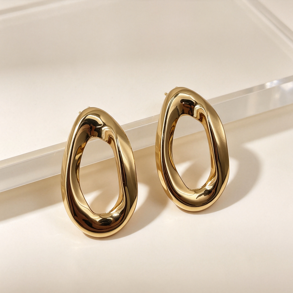 Pendientes Grandes de Aro Ovalado Irregular, Metal Brillante Dorado & Plata, Joyería al Por Mayor|JI JOYA
