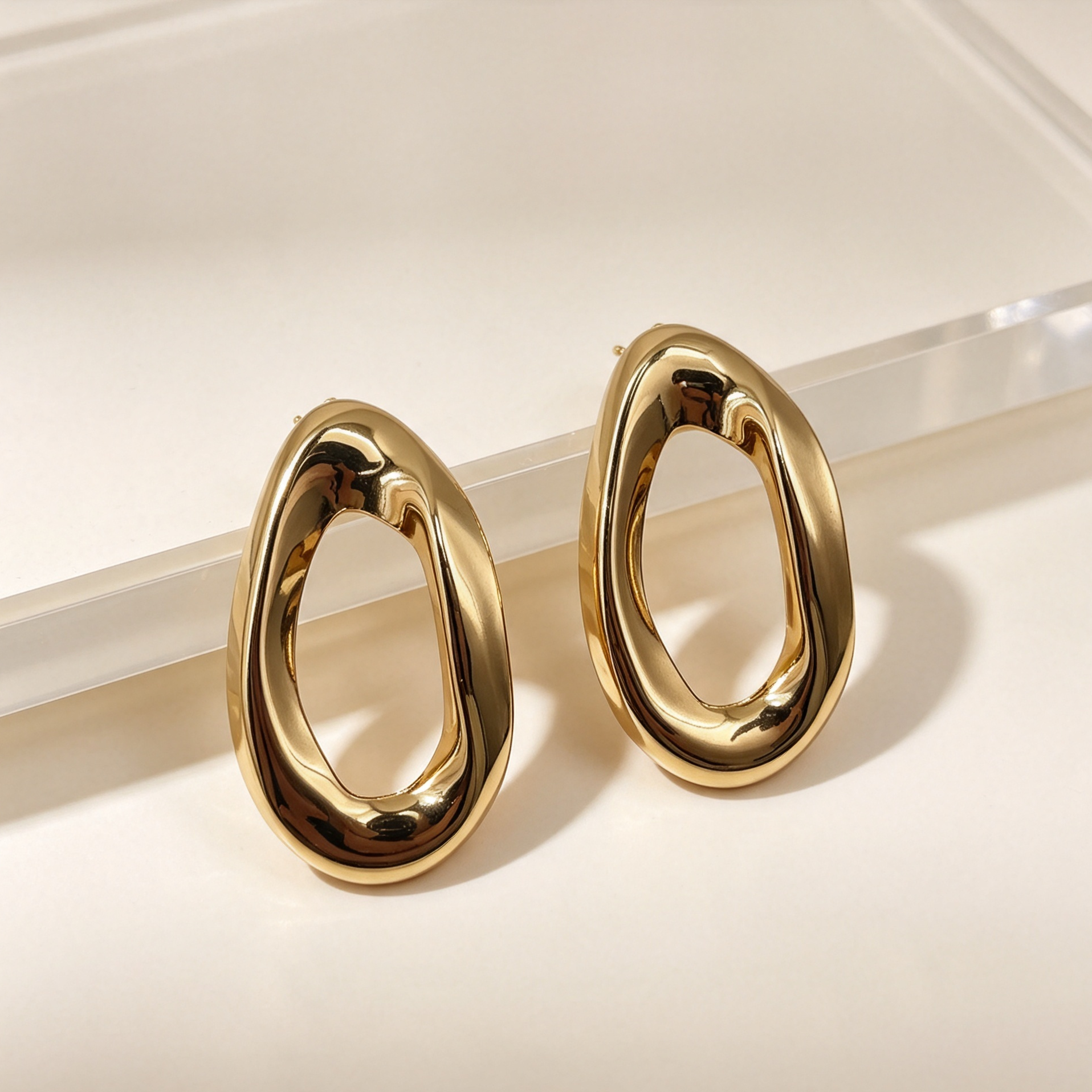 Pendientes Grandes de Aro Ovalado Irregular, Metal Brillante Dorado & Plata, Joyería al Por Mayor|JI JOYA