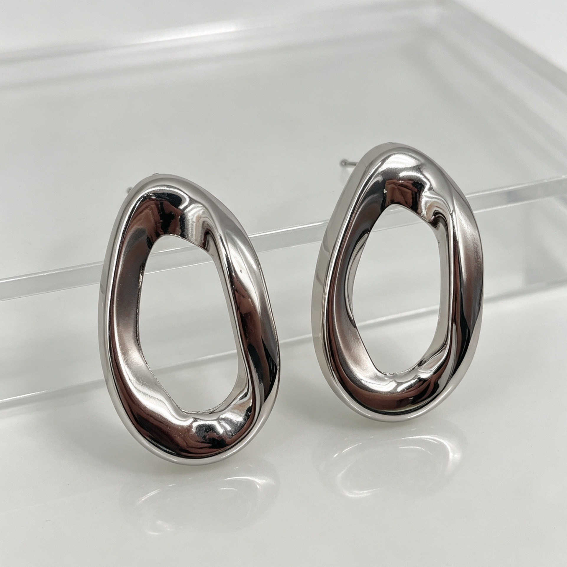 Pendientes Grandes de Aro Ovalado Irregular, Metal Brillante Dorado & Plata, Joyería al Por Mayor|JI JOYA