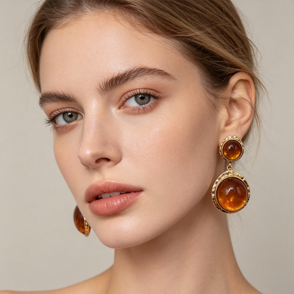 Pendientes colgantes de doble piedra redonda, metal dorado martillado, accesorios de joyería mayorista|JI JOYA