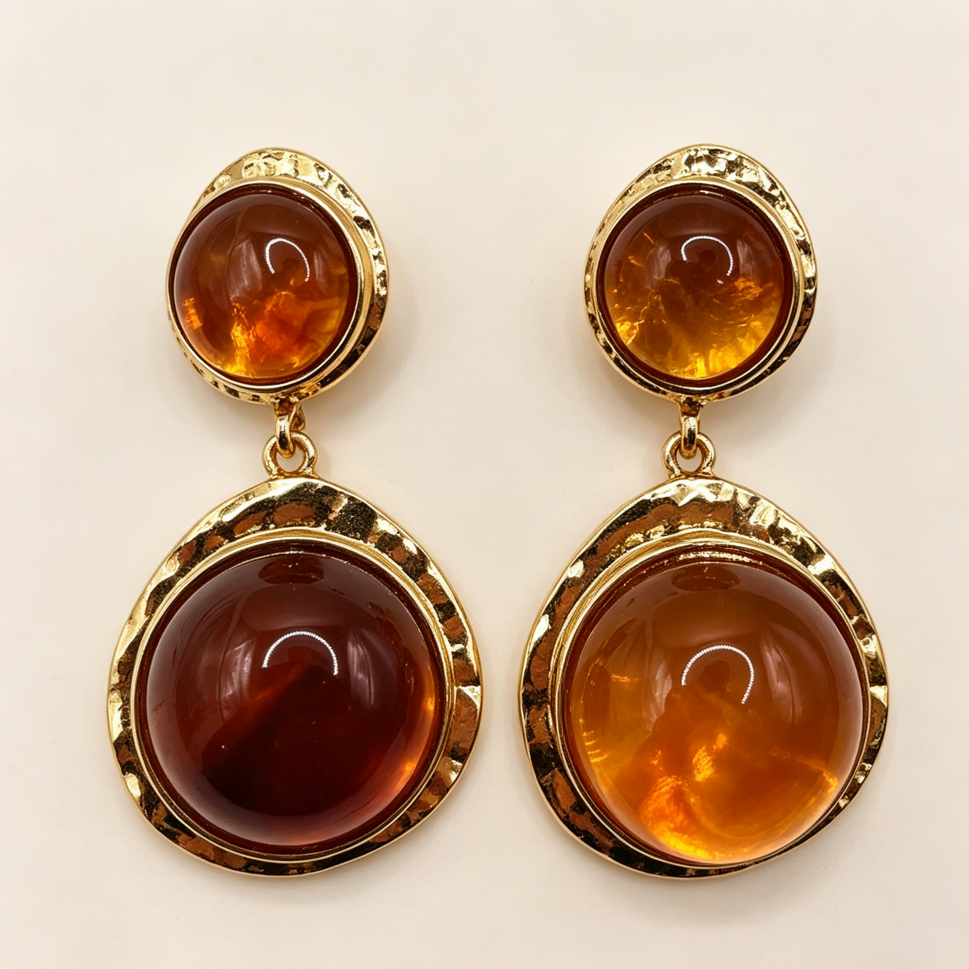Pendientes colgantes de doble piedra redonda, metal dorado martillado, accesorios de joyería mayorista|JI JOYA