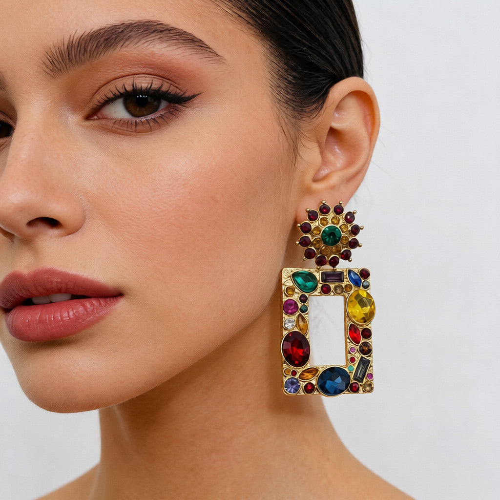 Pendientes llamativos de gemas coloridas de gran tamaño: pendientes colgantes cuadrados vintage chapados en oro para fiestas y noches.