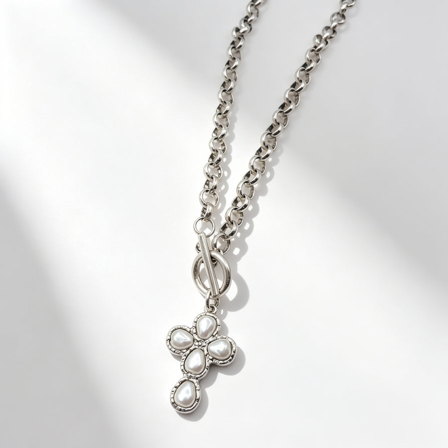Collar Colgante Cruz de Perla (Oro/Plata)|JI JOYA