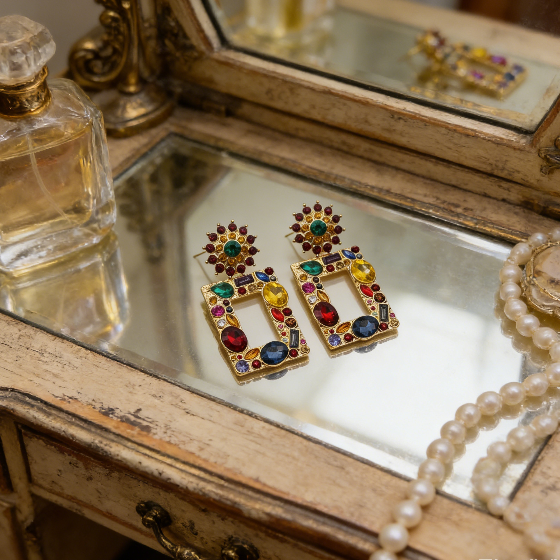 Pendientes llamativos de gemas coloridas de gran tamaño: pendientes colgantes cuadrados vintage chapados en oro para fiestas y noches.